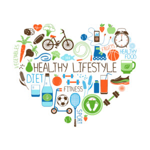 Healthy Lifestyle Diet and Fitness Heart sign Healthy Lifestyle Diet and Fitness vector sign in the shape of a heart with multiple icons depicting various sports vegetables cereals seafood meat fruit sleep weight and beverages